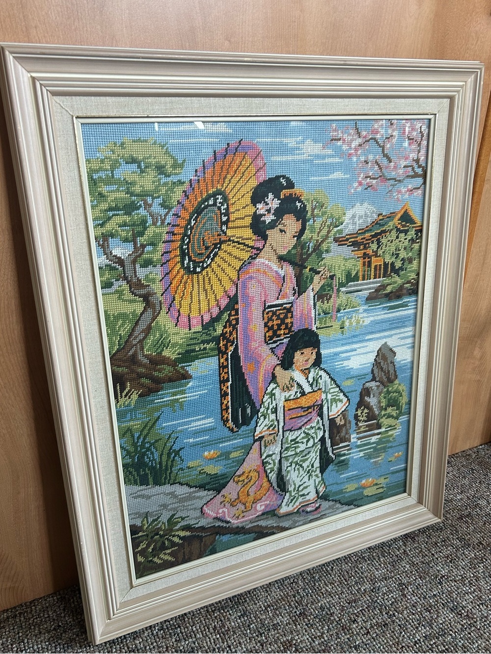 Vintage Framed Japanese Geisha Needlewor – Large Handmade Decor